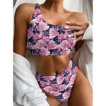 Vintage Pink Peony Floral Print One Shoulder Bikini Top