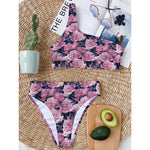 Vintage Pink Peony Floral Print One Shoulder Bikini Top