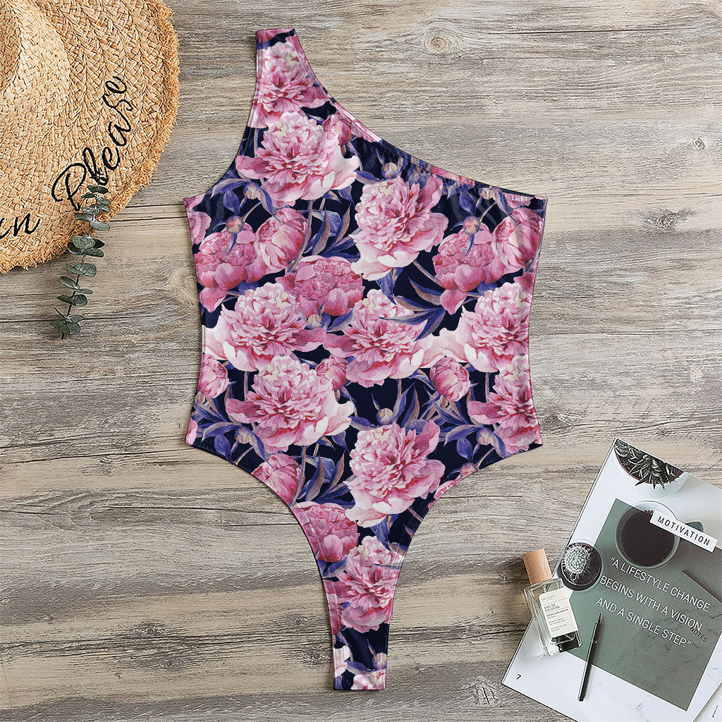 Vintage Pink Peony Floral Print One Shoulder Bodysuit