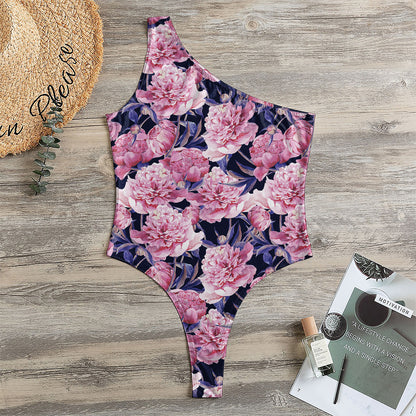Vintage Pink Peony Floral Print One Shoulder Bodysuit