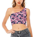 Vintage Pink Peony Floral Print One Shoulder Crop Top