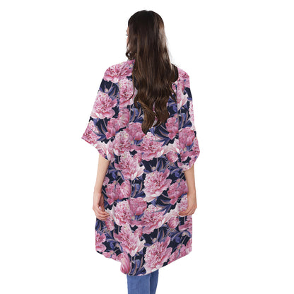 Vintage Pink Peony Floral Print Open Front Beach Cover Up