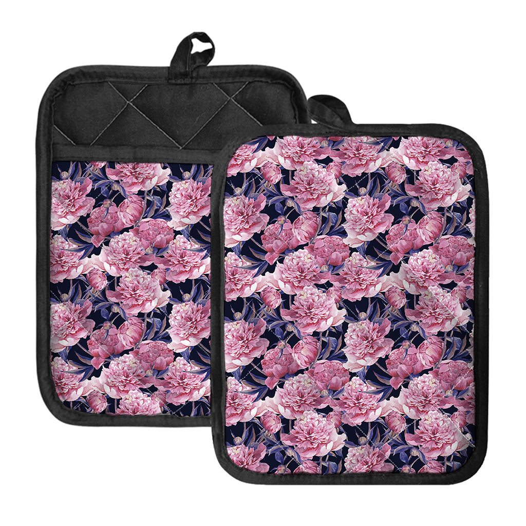 Vintage Pink Peony Floral Print Pot Holders With Pocket