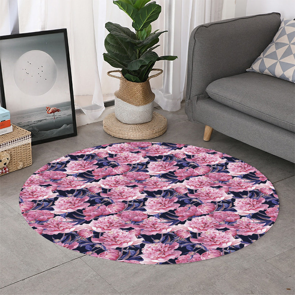 Vintage Pink Peony Floral Print Round Rug