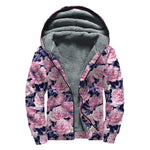 Vintage Pink Peony Floral Print Sherpa Lined Zip Up Hoodie