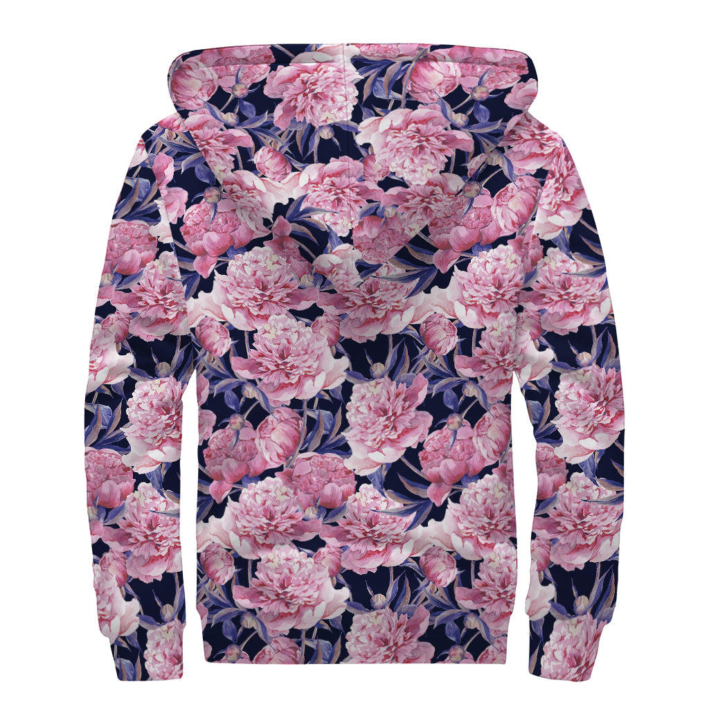 Vintage Pink Peony Floral Print Sherpa Lined Zip Up Hoodie