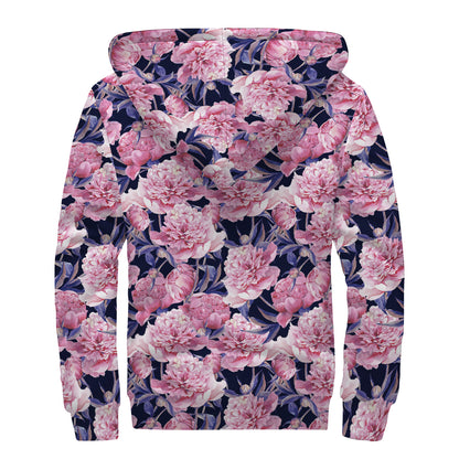 Vintage Pink Peony Floral Print Sherpa Lined Zip Up Hoodie