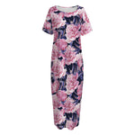 Vintage Pink Peony Floral Print Short Sleeve Long Nightdress