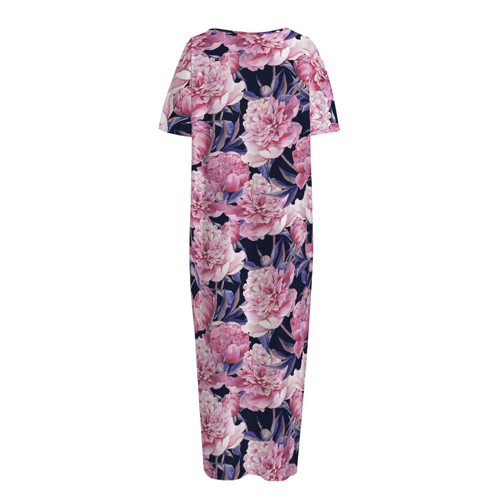 Vintage Pink Peony Floral Print Short Sleeve Long Nightdress