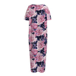 Vintage Pink Peony Floral Print Short Sleeve Long Nightdress