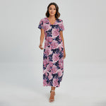 Vintage Pink Peony Floral Print Short Sleeve Maxi Dress