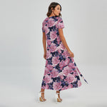 Vintage Pink Peony Floral Print Short Sleeve Maxi Dress