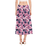 Vintage Pink Peony Floral Print Side Slit Midi Skirt