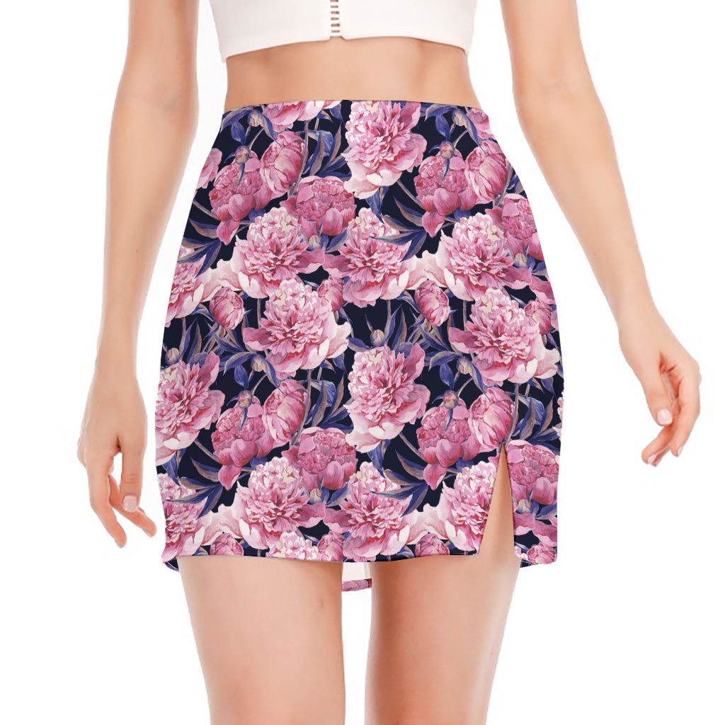 Vintage Pink Peony Floral Print Side Slit Mini Skirt