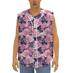 Vintage Pink Peony Floral Print Sleeveless Baseball Jersey