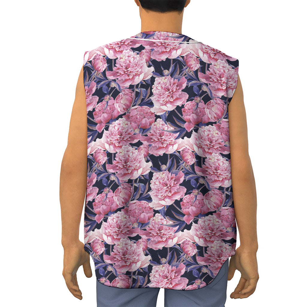 Vintage Pink Peony Floral Print Sleeveless Baseball Jersey