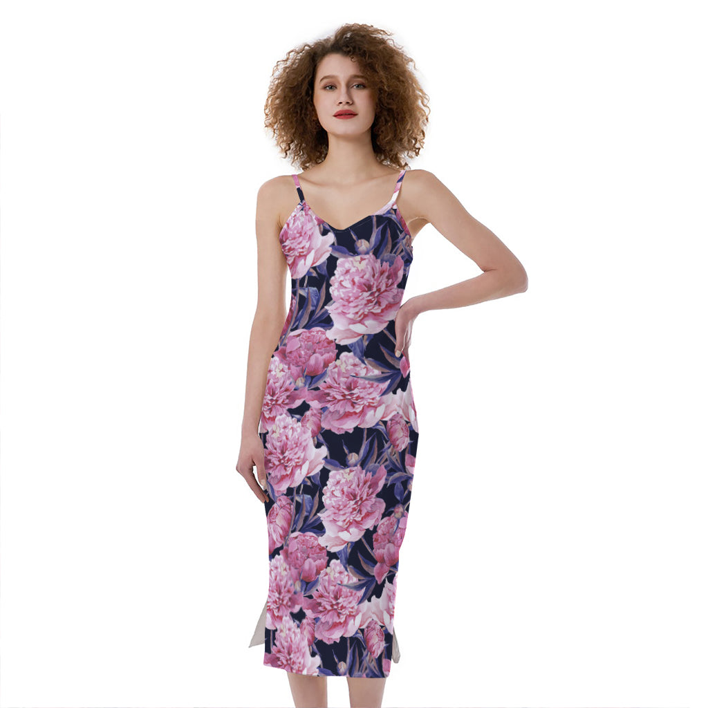 Vintage Pink Peony Floral Print Slim Fit Midi Cami Dress