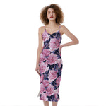 Vintage Pink Peony Floral Print Slim Fit Midi Cami Dress