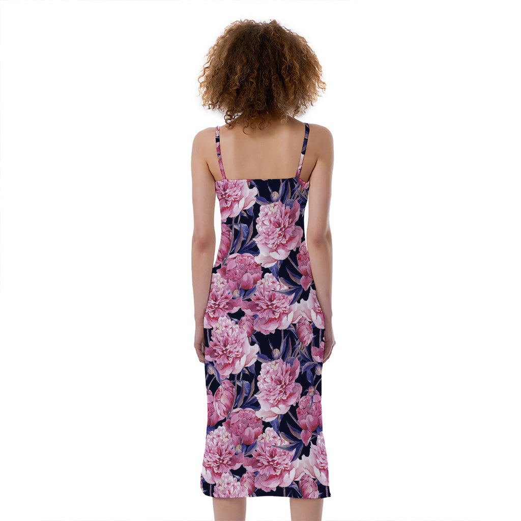 pink cami dress midi Vintage Pink Peony Floral Print Slim Fit Midi Cami Dress
