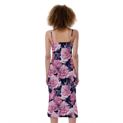 Vintage Pink Peony Floral Print Slim Fit Midi Cami Dress