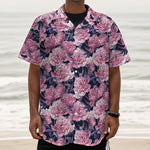 Vintage Pink Peony Floral Print Textured Short Sleeve Shirt