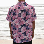 Vintage Pink Peony Floral Print Textured Short Sleeve Shirt