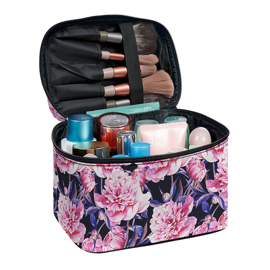 Vintage Pink Peony Floral Print Travel Makeup Bag