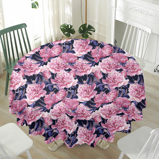 Vintage Pink Peony Floral Print Waterproof Round Tablecloth
