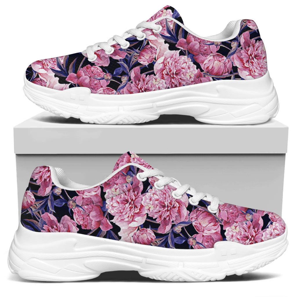 Vintage Pink Peony Floral Print White Chunky Shoes
