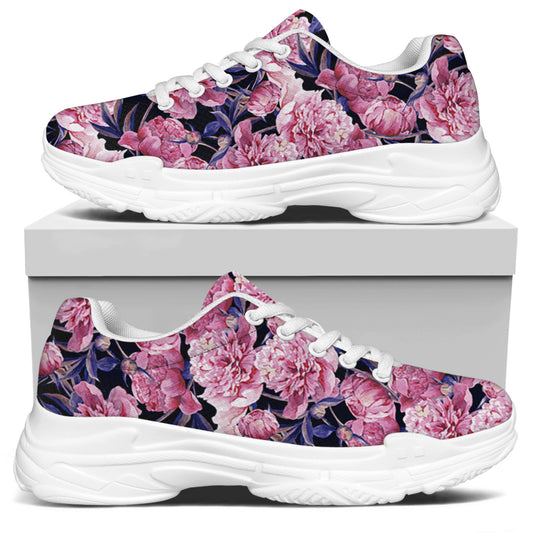 Vintage Pink Peony Floral Print White Chunky Shoes