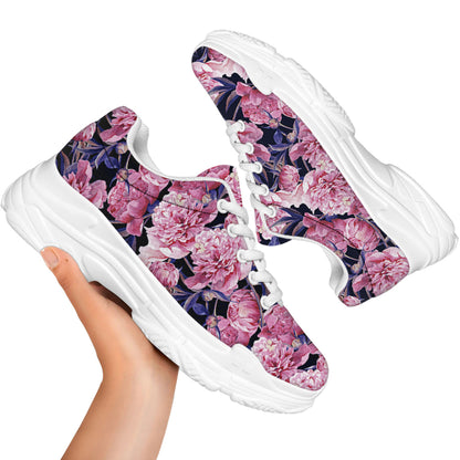 Vintage Pink Peony Floral Print White Chunky Shoes