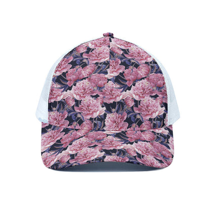 Vintage Pink Peony Floral Print White Mesh Trucker Cap