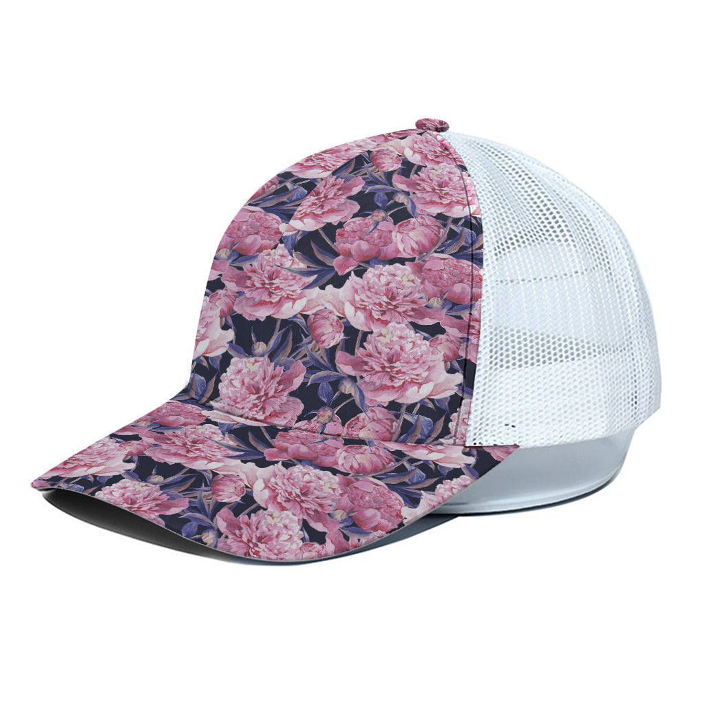 Vintage Pink Peony Floral Print White Mesh Trucker Cap