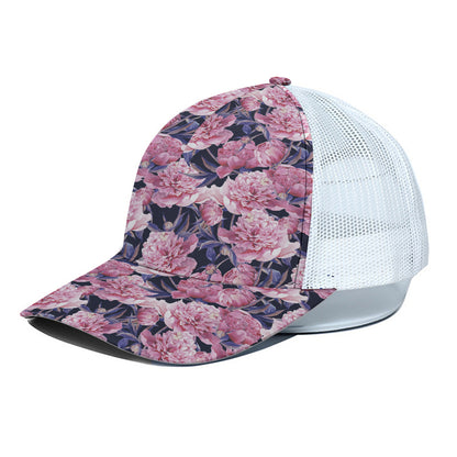 Vintage Pink Peony Floral Print White Mesh Trucker Cap