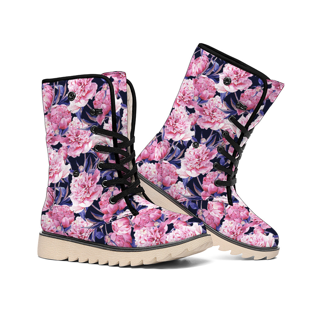 Vintage Pink Peony Floral Print Winter Boots