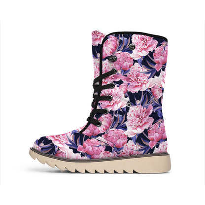 Vintage Pink Peony Floral Print Winter Boots