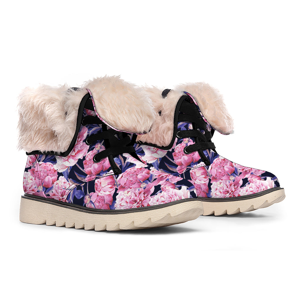Vintage Pink Peony Floral Print Winter Boots
