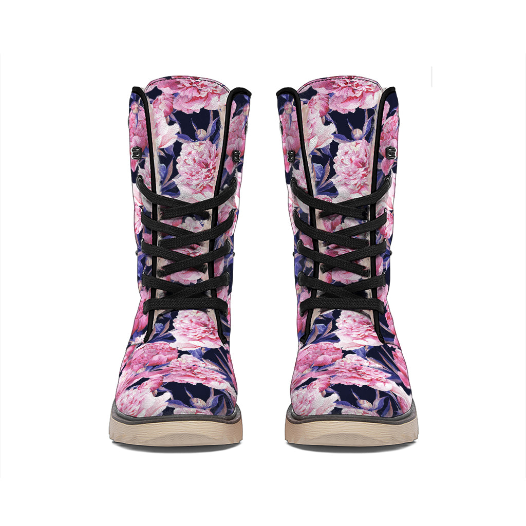 Vintage Pink Peony Floral Print Winter Boots