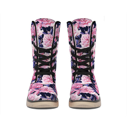 Vintage Pink Peony Floral Print Winter Boots