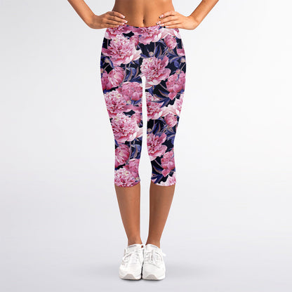 Vintage Pink Peony Floral Print Women's Capri Leggings