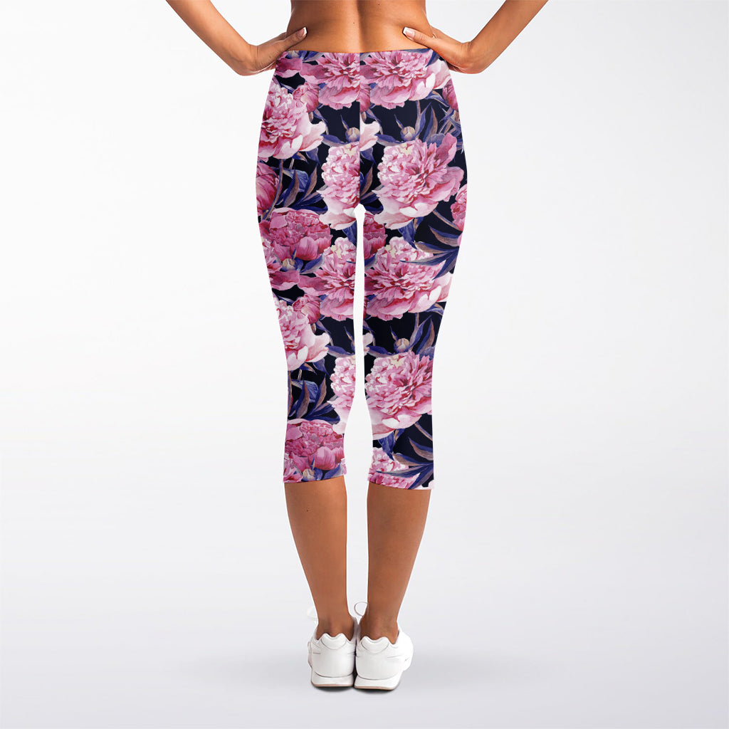Vintage Pink Peony Floral Print Women's Capri Leggings