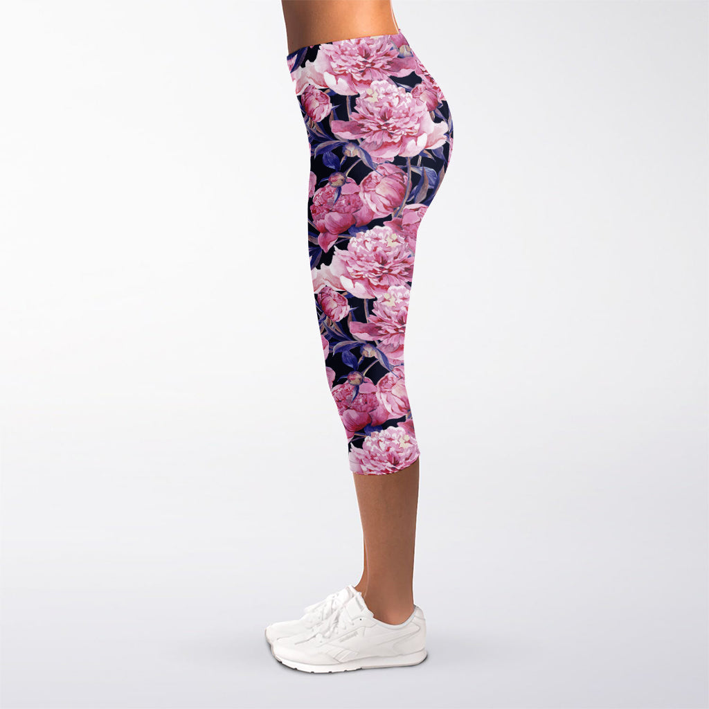 Vintage Pink Peony Floral Print Women's Capri Leggings