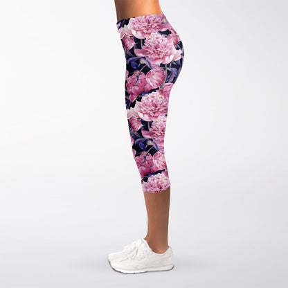 Vintage Pink Peony Floral Print Women's Capri Leggings