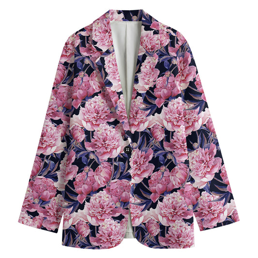 Vintage Pink Peony Floral Print Women's Cotton Blazer