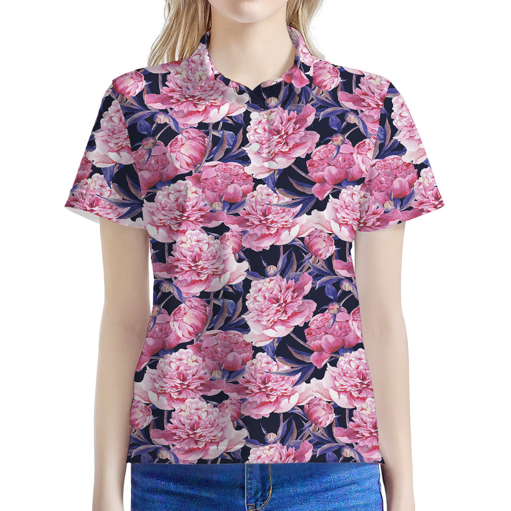 Vintage Pink Peony Floral Print Women's Polo Shirt