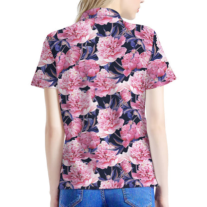 Vintage Pink Peony Floral Print Women's Polo Shirt