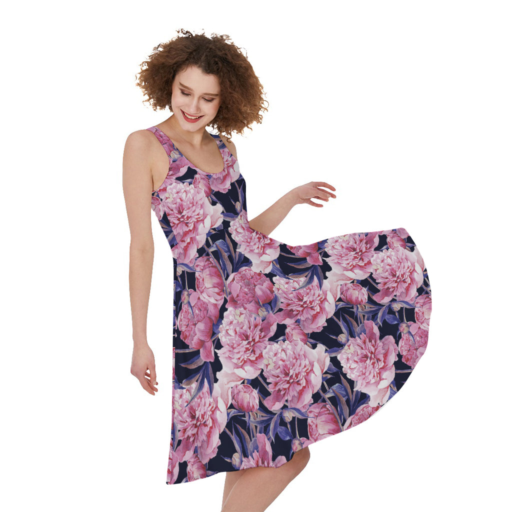 Vintage Pink Peony Floral Print Women's Sleeveless Dress