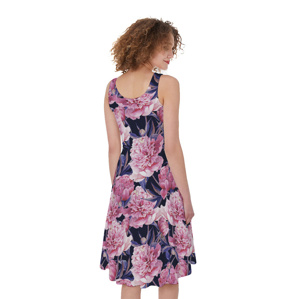 Vintage Pink Peony Floral Print Women's Sleeveless Dress