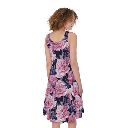 Vintage Pink Peony Floral Print Women's Sleeveless Dress