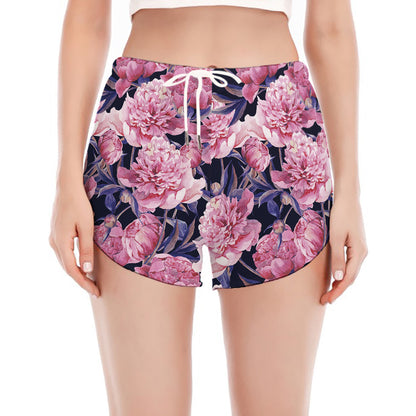 Vintage Pink Peony Floral Print Women's Split Running Shorts